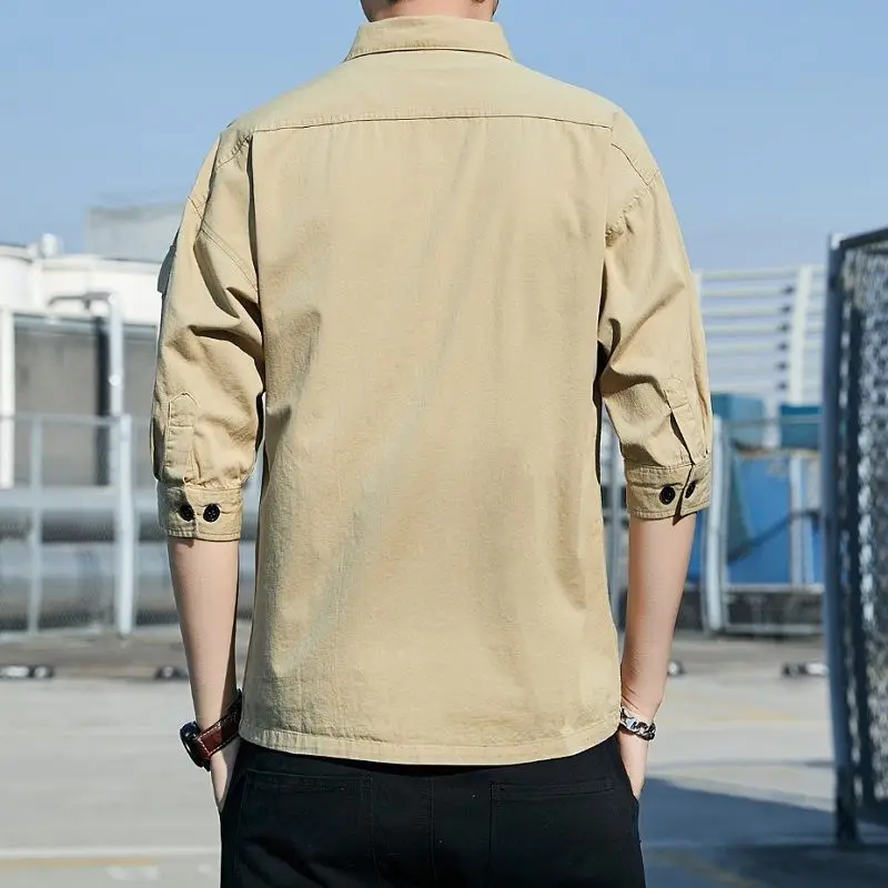 

Men Shirt Long Sleeve Street Oxford Shirts Tooling Pocket Patchwork Japan Summer Cotton Loose Casual Tuxedo Formal Anti-wrinkle