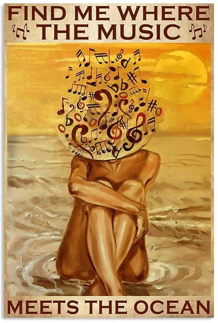 

Music Meets The Ocean Poster Wall Decor Vintage Metal s Coffee Shop Plate Iron Painting Warn Retro Novelty Funny Humorous Bar Pu