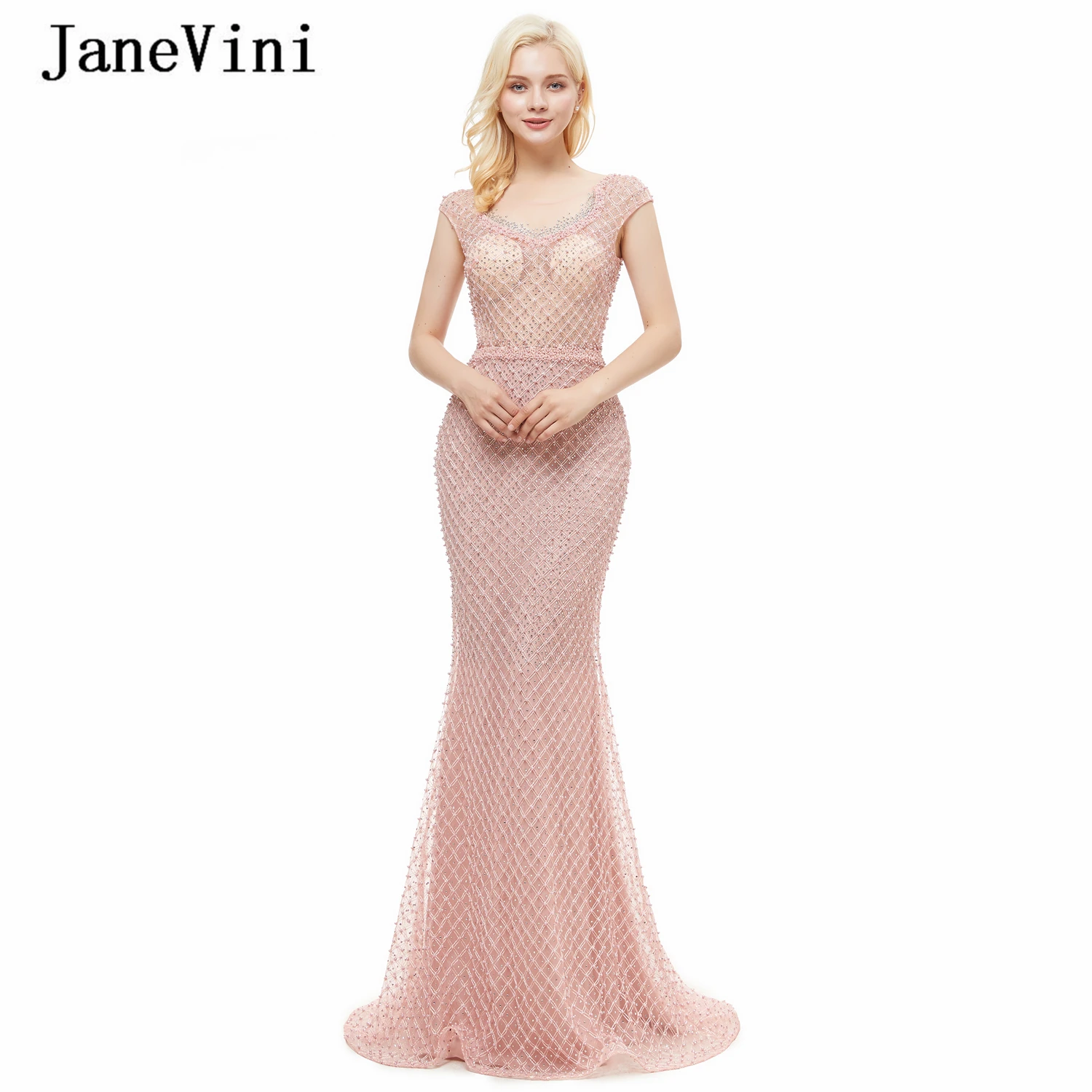 

JaneVini 2020 Elegant Mermaid Long Prom Dresses Scoop Neck Heavy Beaded Pearls Sleeveless Dubai Luxury Women Formal Party Gowns