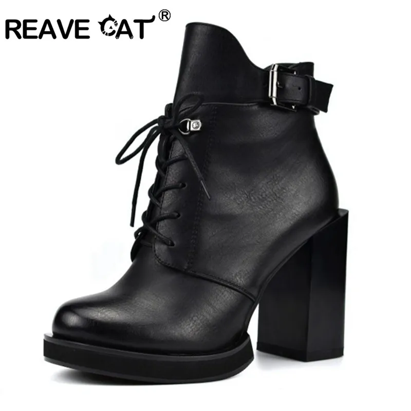 REAVE CAT/женские ботильоны на высоком каблуке 10 см черные ботинки в стиле панк с