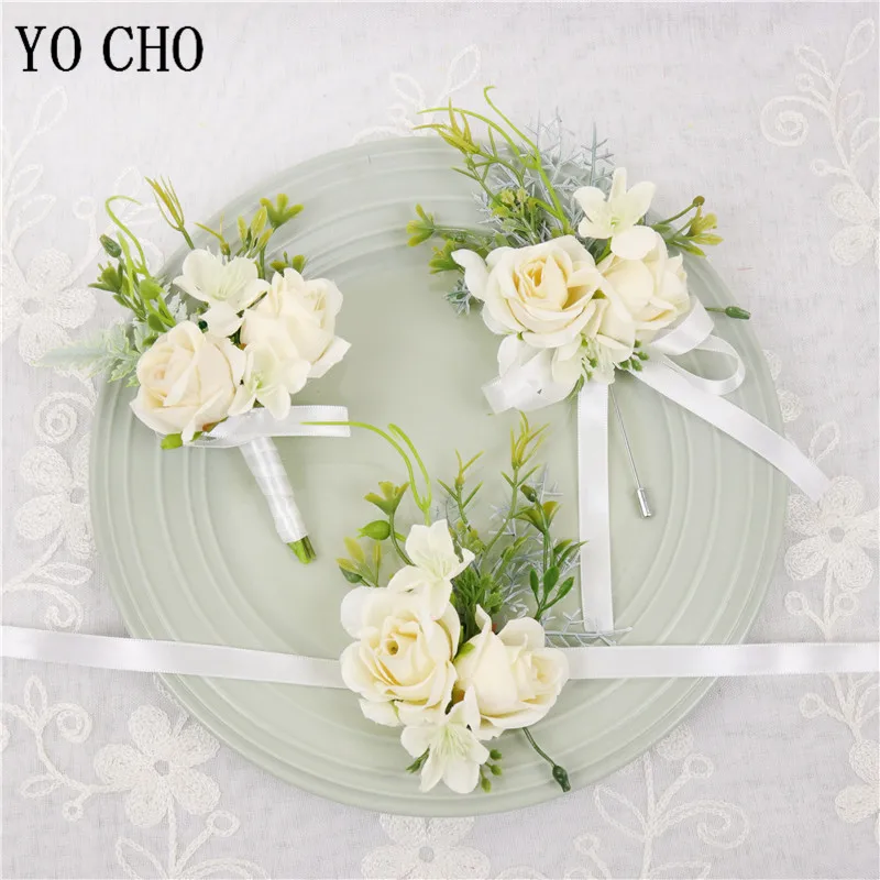 YO CHO Silk Rose Wedding Corsages and Bridal Brooches Groom Boutonniere Buttonhole Man Marriage Corsage Bracelet Flowers | Дом и сад