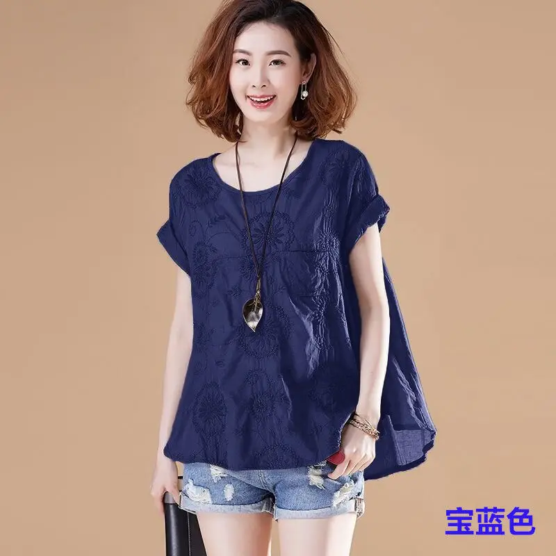 

Women Tshirt Plus Size Short Sleeve Loose Casual Tee Shirt Femme Cotton Embroidery Vintage Tshirts Ladies Summer Tops