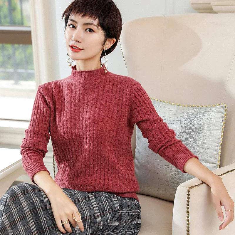 Женский теплый кашемировый свитер облегающий толстый с высоким воротом и