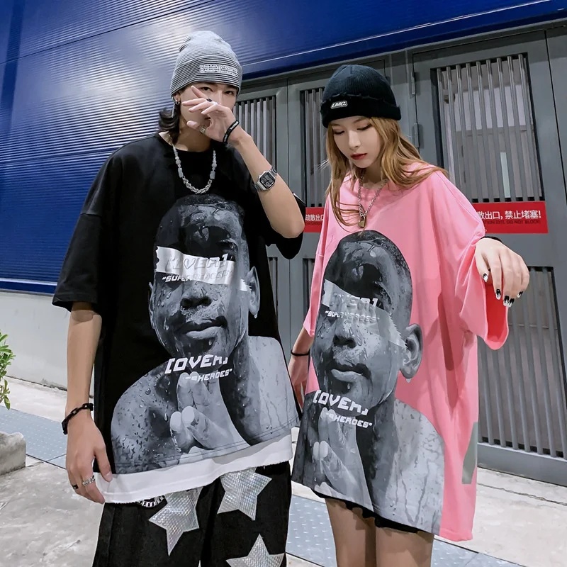 

Hip Hop Portrait Print Short Sleeve Tee Tops Summer Cotton Punk Oversized T shirt Sweetwear Harajuku Loose Man T shirts Tops