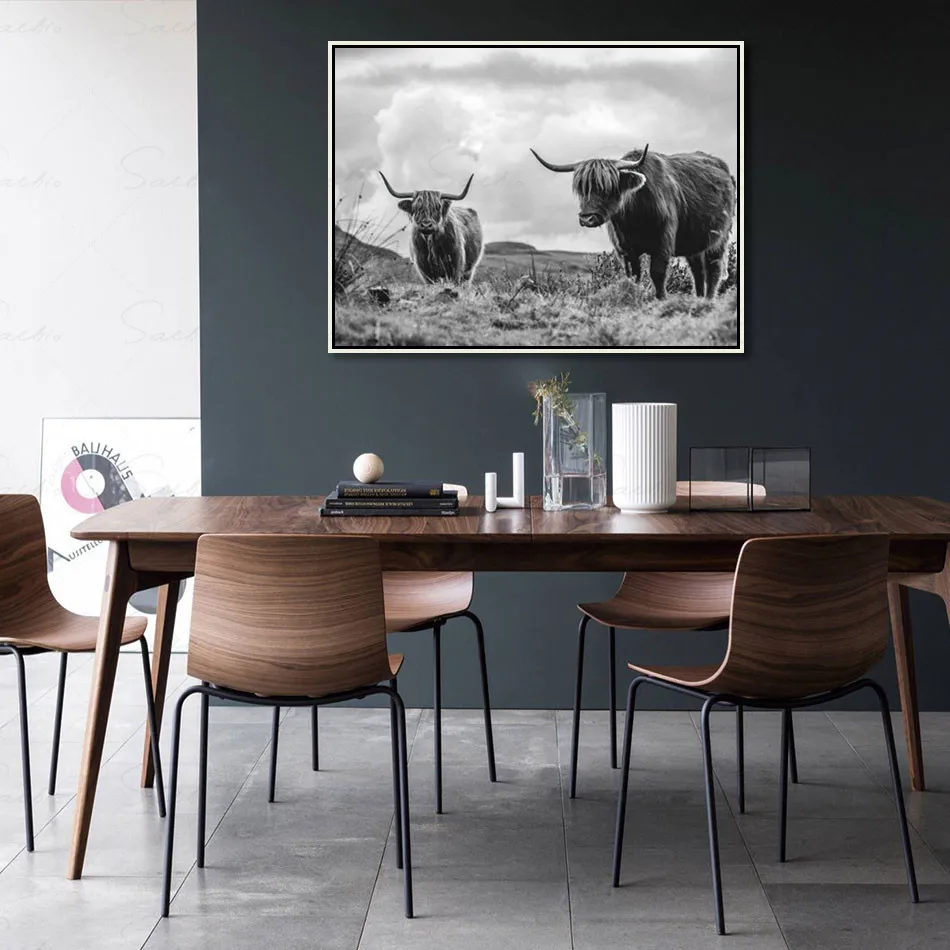 

Black White Wall Art Highland Cow Animal Landscape Yak Pasture Prints Canvas Painting Posters Pictures Home Decor Drop Shipping