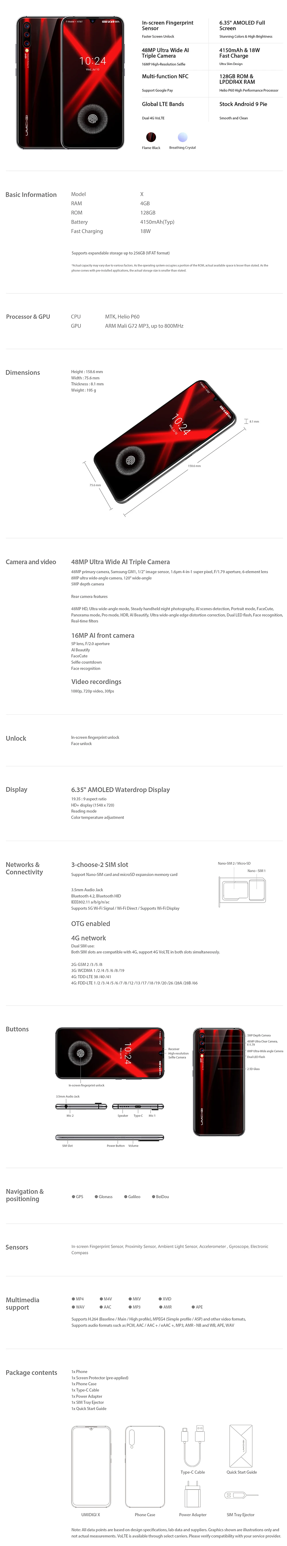 UMIDIGI X 6,35 дюймов AMOLED 4 Гб 128 ГБ глобальная версия Смартфон Android 9,0 Helio P60 48MP 4150 мАч отпечаток пальца NFC 4G мобильный телефон