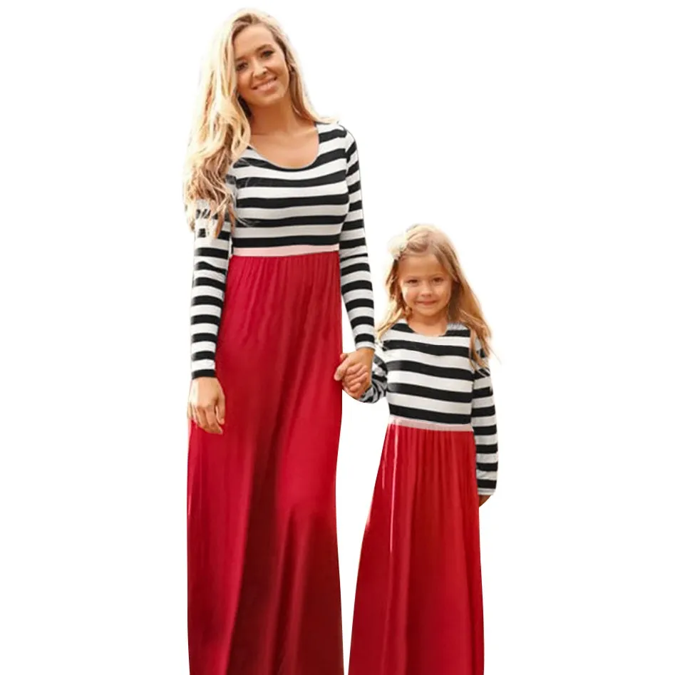 Платье для мамы и дочки повседневное зимнее платье в полоску с длинными рукавами
