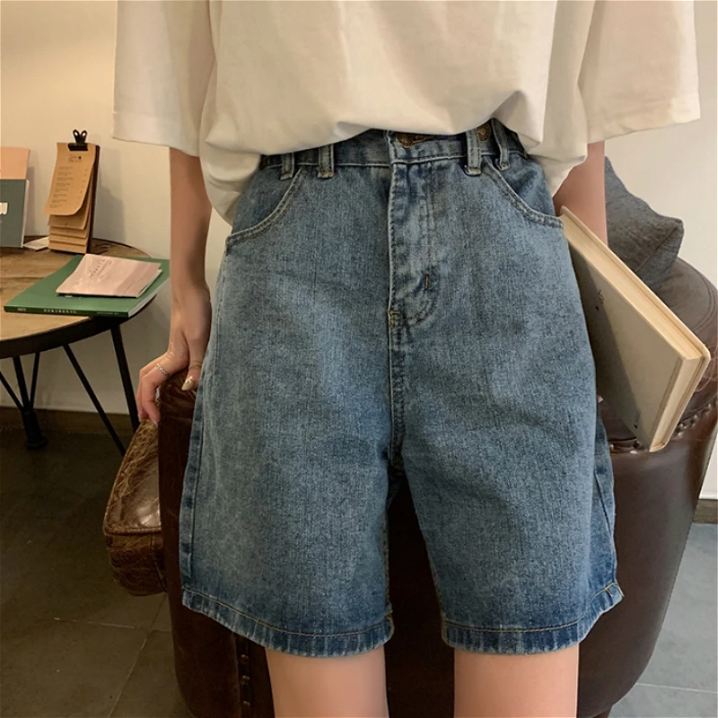 

Straight Shorts Women 2021 Summer Chic High Waist Denim Preppy Girls Streetwear All-match Leisure Stylish Women's Clothing