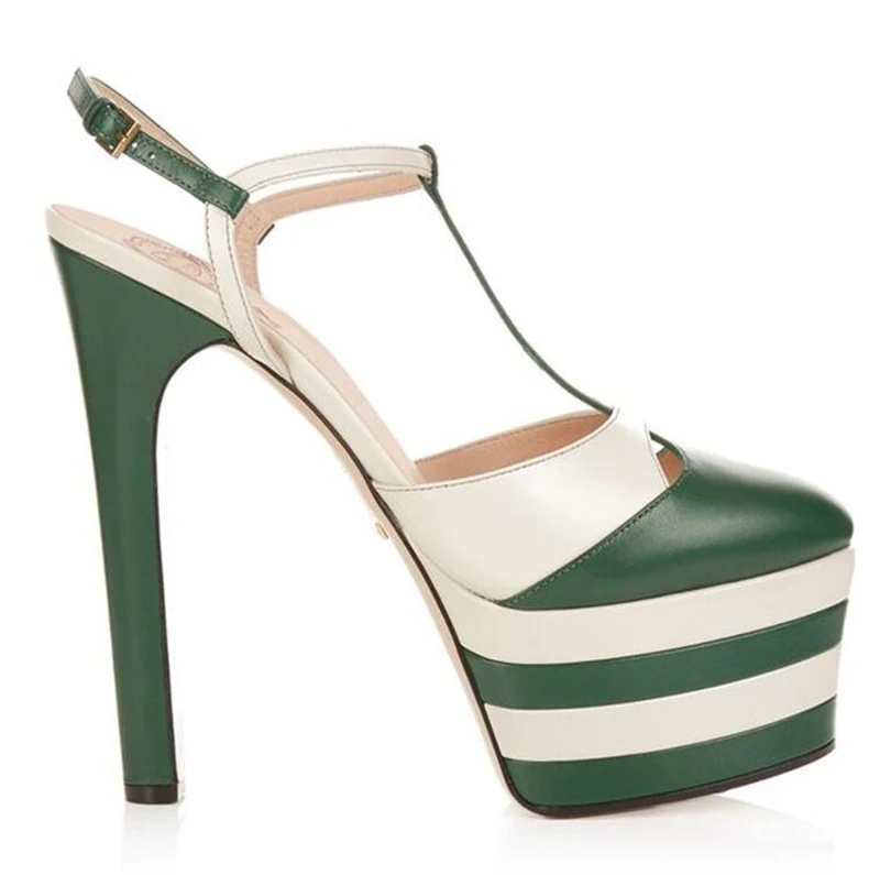 green striped Босоножки с круглым носком; черные туфли-лодочки в готическом стиле; фирменные туфли-лодочки с открытым Т-образным ремешком; женские туфли-стилеты из змеиной кожи; Туфли на очень высоком каблуке 15 см с заклепками - Цвет: green striped