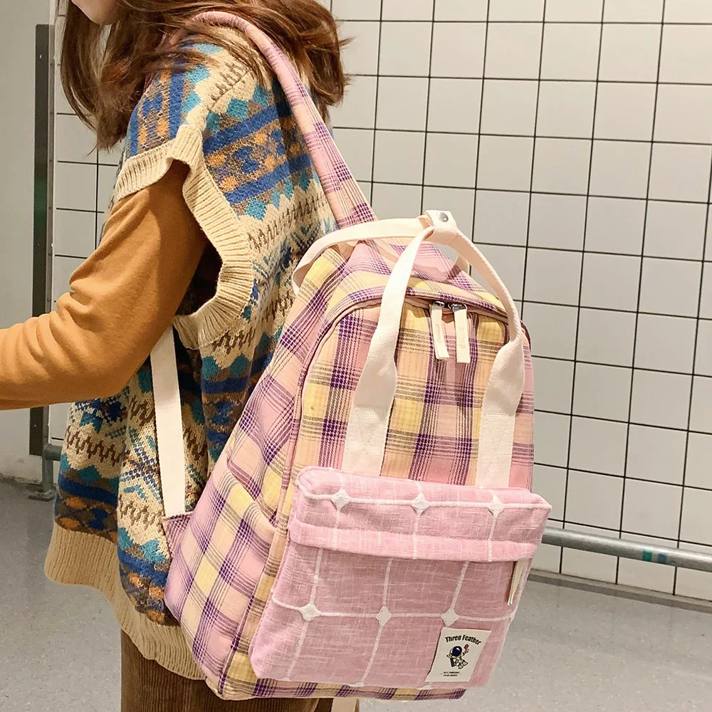 Новый популярный женский клетчатый милый рюкзак полосатые женские холщовые
