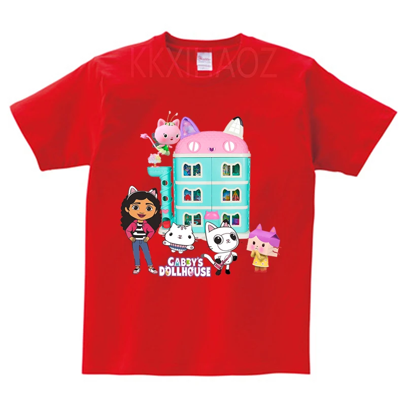 

Детская футболка с котами Gabby, летняя одежда для мальчиков, топы для девочек, Рождественская рубашка с кукольным домиком, хлопковая детская ...