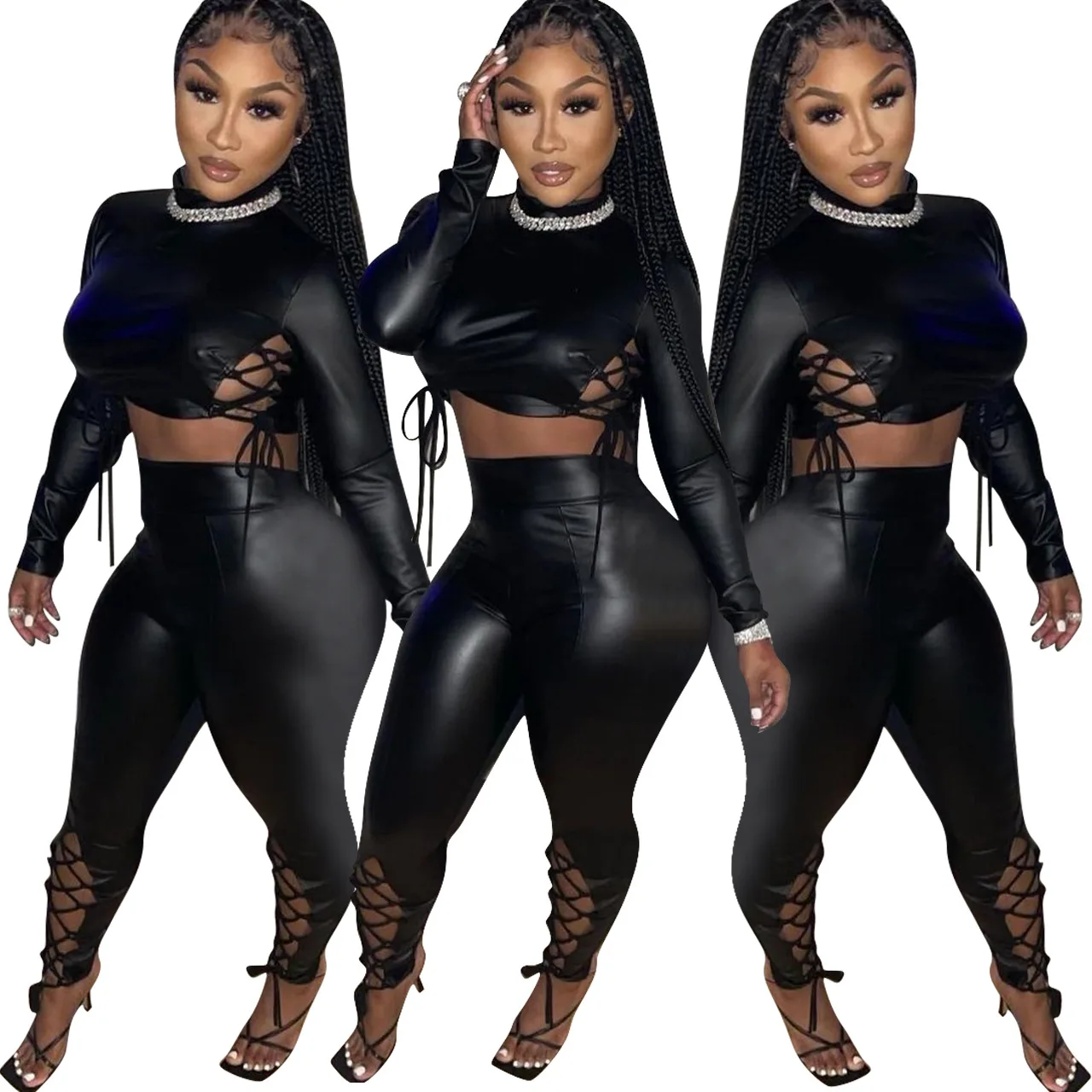 

Women Black Party PU Jumpsuits 2021 Hottest Hollow Out Bandage Newest High Neck Sleeveless Fashion Pants Nightclub Rompers