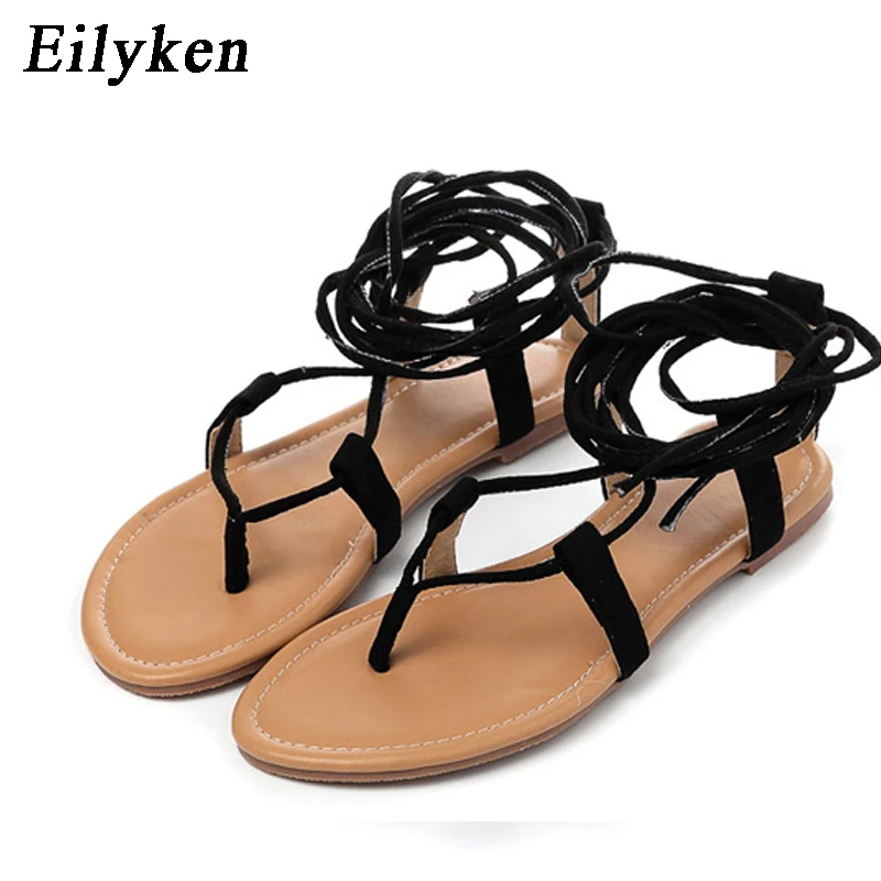 

Eilyken Women Cross strap Knee high Summer Roman Gladiator Sandals Strappy Clip Toe thong Flat Heel Flip flops Flock Shoes