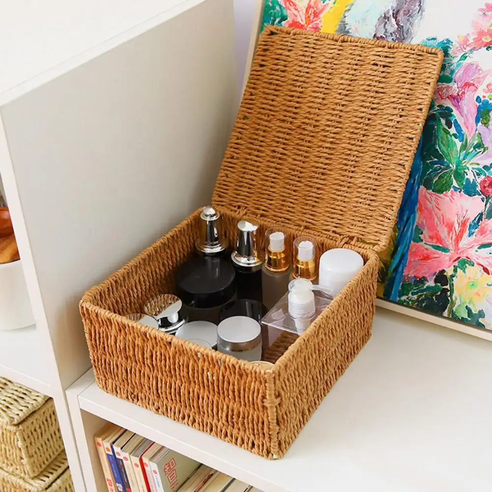 

Desktop Storage Box Durable Handmade Sturdy Rattan Makeup Basket for Home Organization Home Brush Holder Makeup Square Container