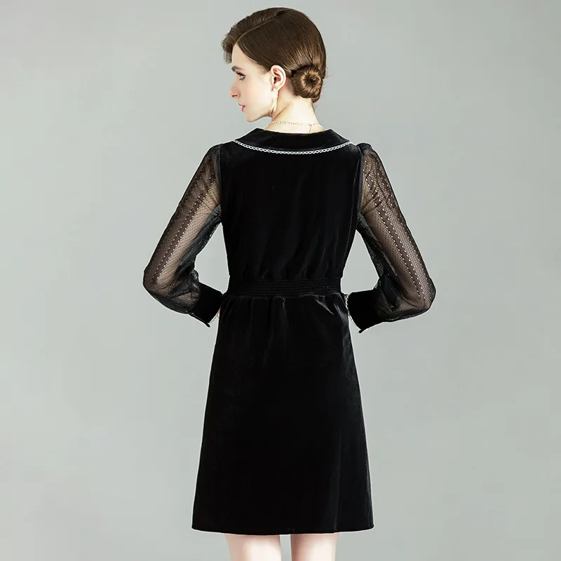 

2020 AUTUMN MESH SLEEVE VELVET PATCHWORK DRESS