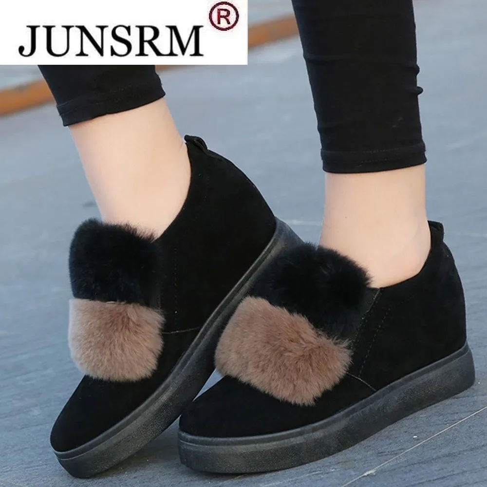 

2022 Winter Warm Shoes New Height Increasing Ladies Pointed Toe Fur Slip On Cotton Snow Boots Indoor Home Female Comfy Loafers