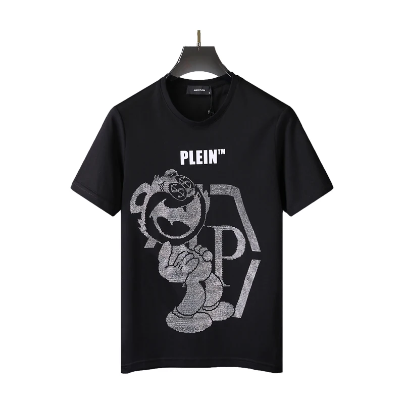 

Alex Plein t cotton tshirt men fashion shortsleeve streetwear rhinestones round neck men clothing summer funny teddy bear casu