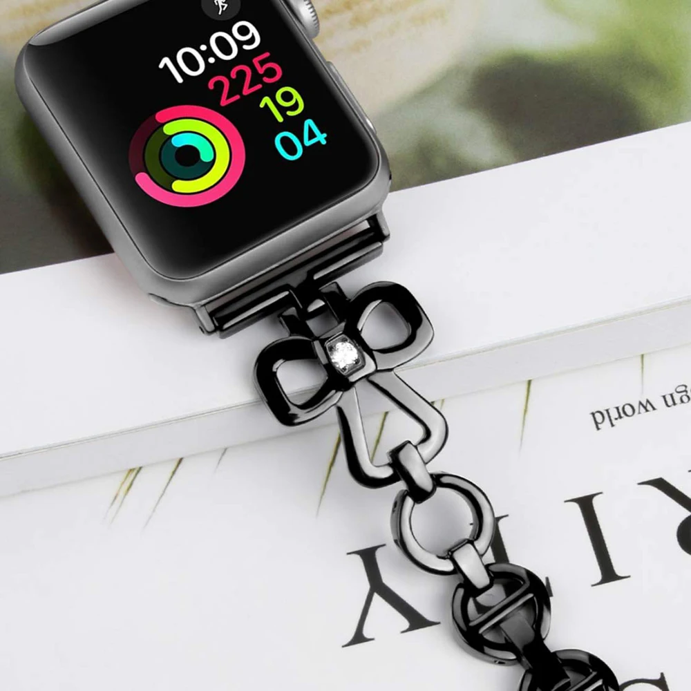 Металлический ремешок для Apple Watch 4 5 6 SE 7 40 44 мм 41 45 iwatch 3 2 38 42 Алмазный с бабочкой |