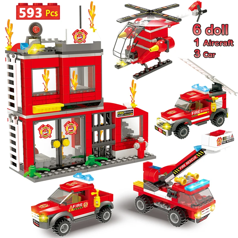 

593pcs City Fire Station Building Blocks Compatible City Police Firefighter Rescue Truck Car Bricks Toys for Children