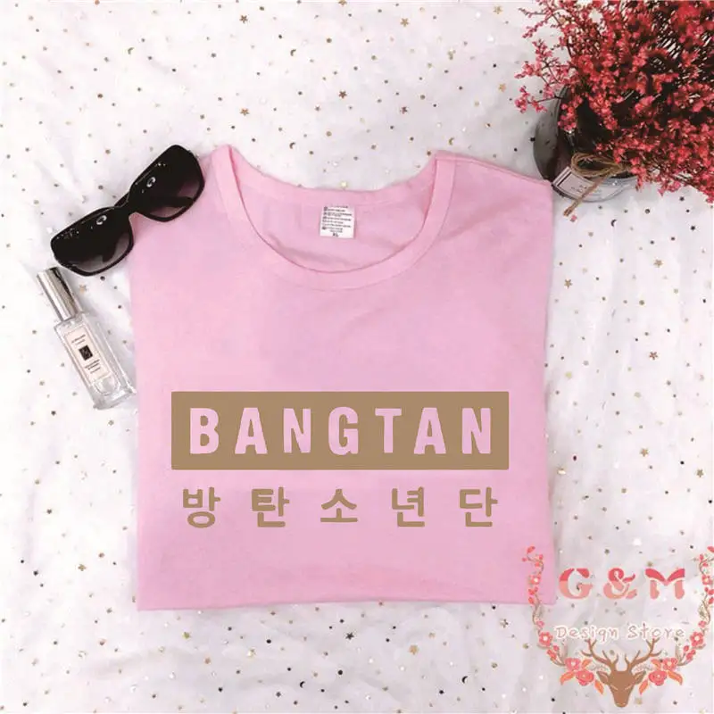 В стиле группы Bangtan Boys 방letter Letter Письмо печати Харадзюку Kpop корейский стиль Женская футболка мода короткий рукав хлопок женские летние топы - Цвет: pink t gold words