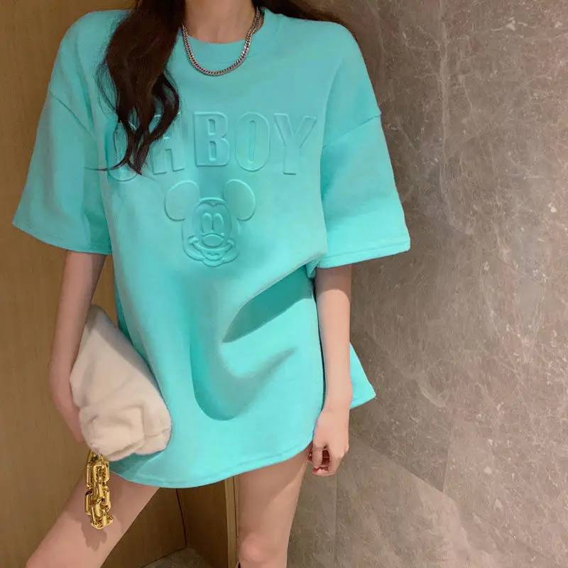 

New embossed letter Mickey short sleeve T-shirt women's autumn and winter loose Korean thickened half sleeve top