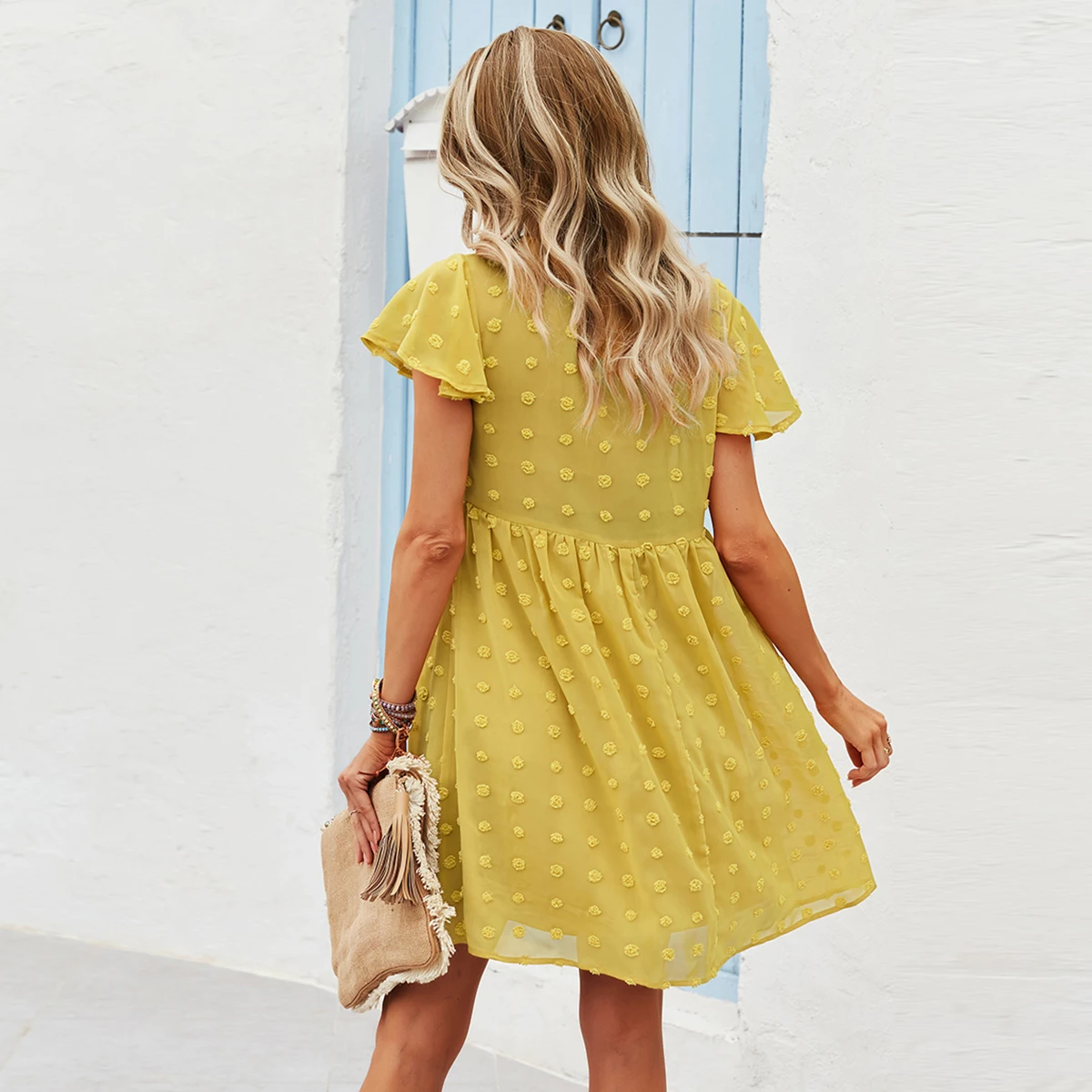 

Jastie Summer Women Dress 2021 V-Neck Ruffled Sleeve Hairball Dimensional Decorative Mini Dresses Sexy Bohemian Prom Beach Dress