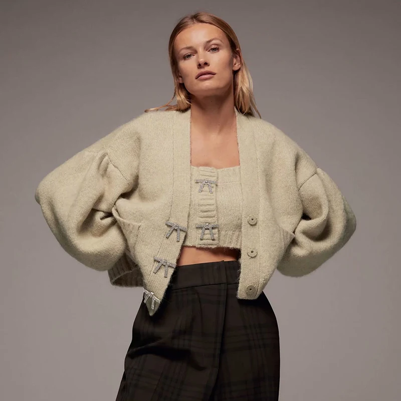 

Женский Осенний вязаный свитер Uniera 2021 Za с бантом, жилет на бретелях + свободный кардиган с карманами