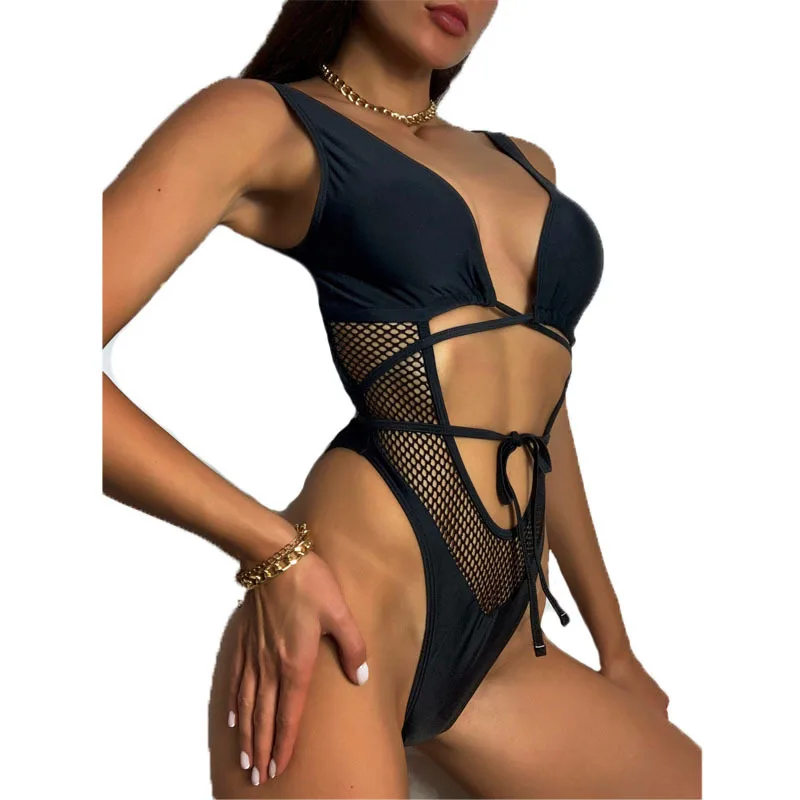 

2021 Summer Bikini Swimwear Black Mesh Hollow Lace-up Swimsuit Sleeveless Sexy Elastic Tigh Cross Monokini Mesh