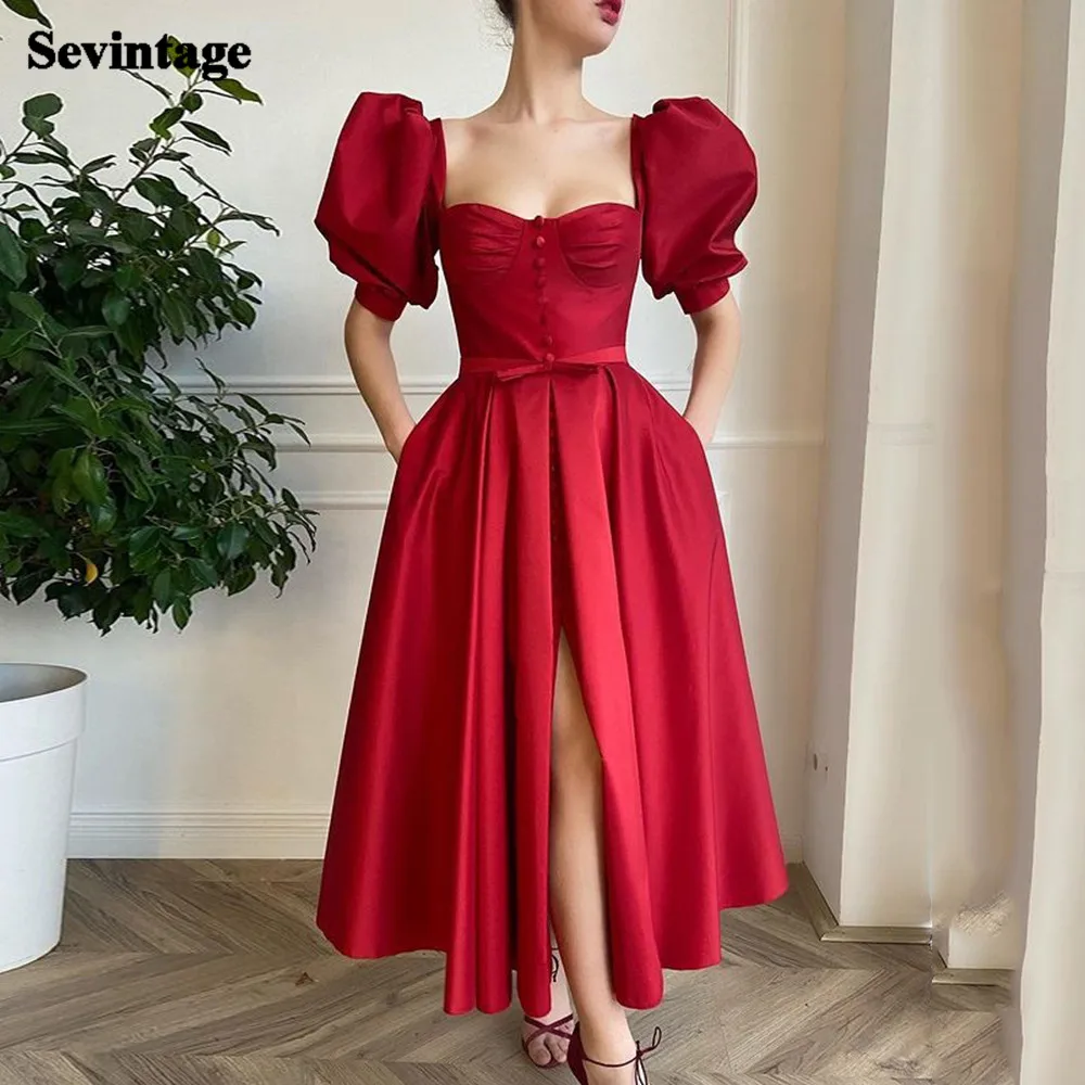 

Sevintage Red Short Puff Sleeves Prom Dress Tea-Length Slit Satin Girls Party Dresses with Buttons Sashes Evening Gowns 2021