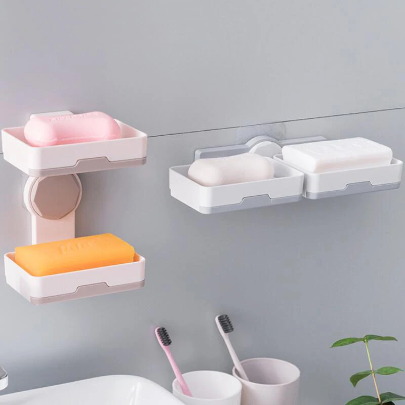 

Bathroom Suction Cup Soap Dishes Plastic Holders Wall-mounted Double-deck Creative Drainage Soap Storage Double Spin Soap Racks