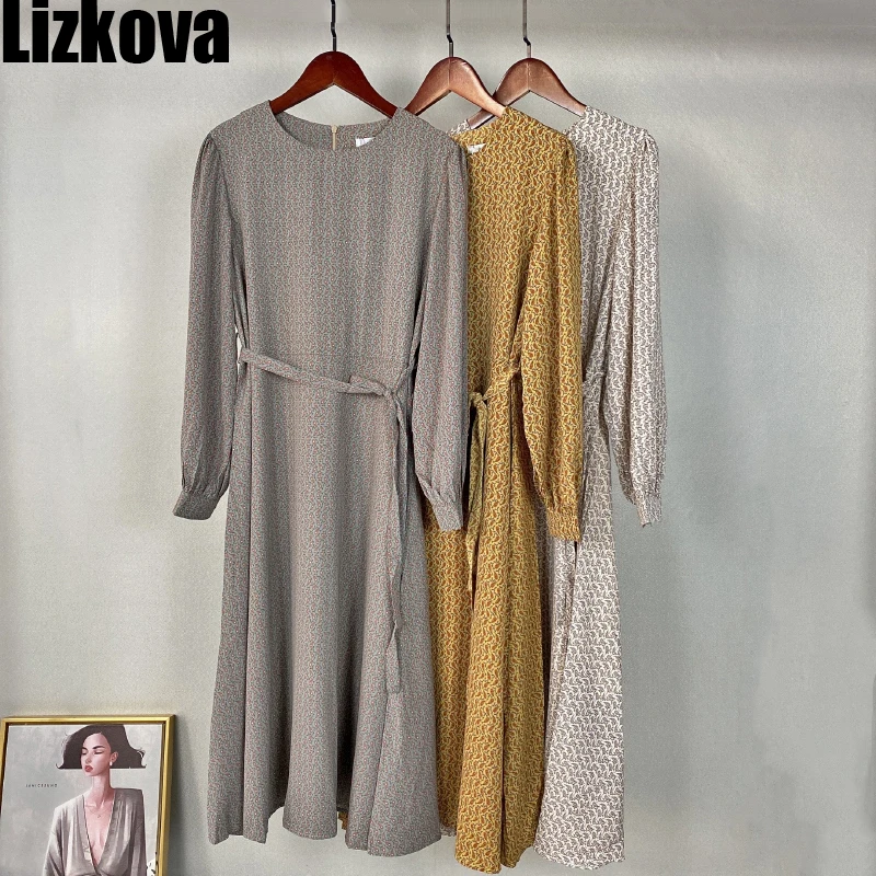 

Женское шифоновое платье Lizkova, с цветочным принтом, круглым вырезом, длинным рукавом, винтажная веревка, с завышенной талией, весна, 2021