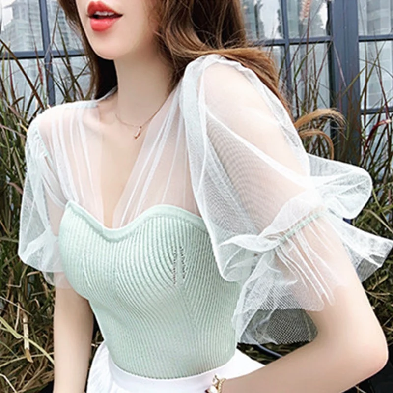 Майка женская хлопковая трикотажная с кружевом зеленая/белая | Женская одежда