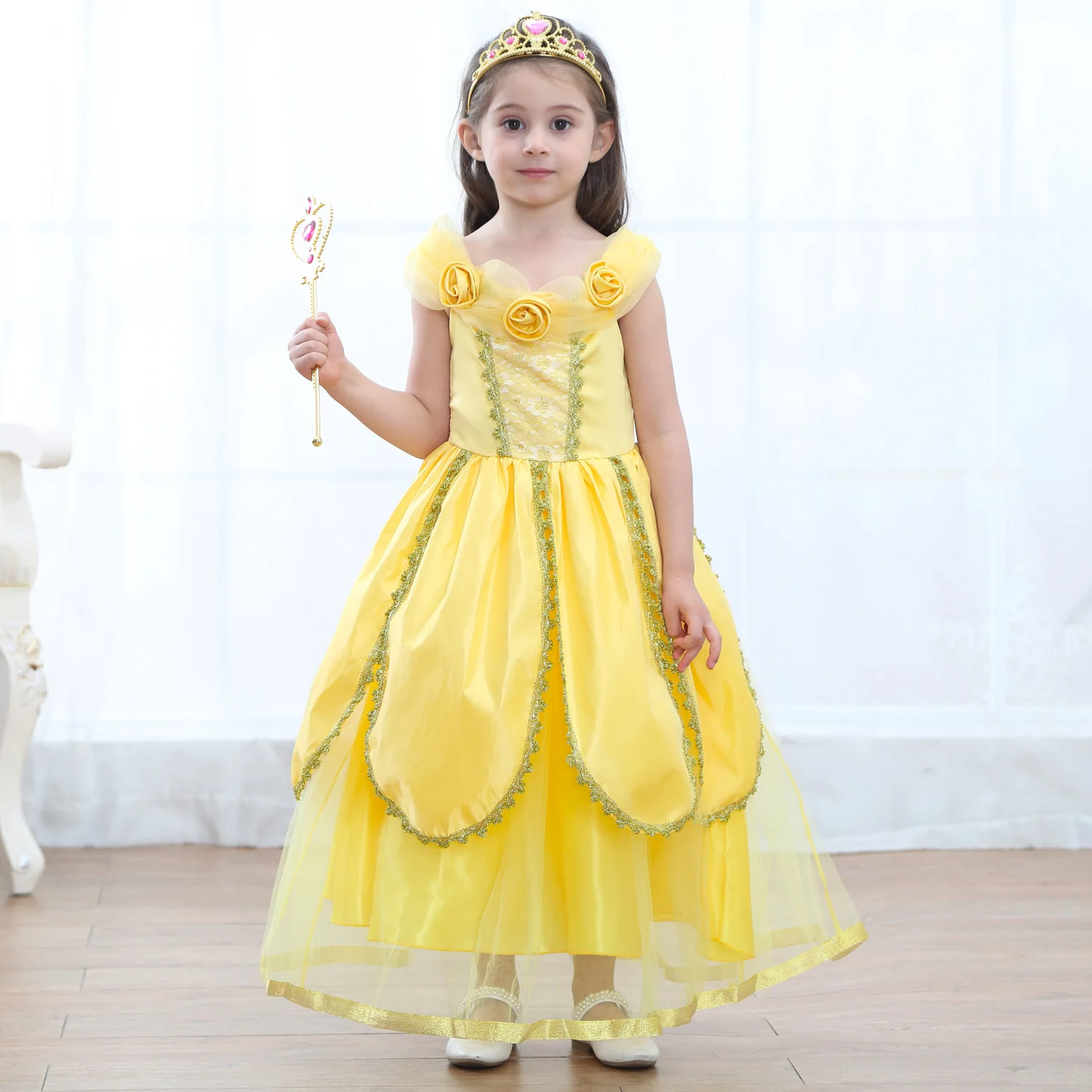 

Princess Yellow Dress Up Costume for Girls Birthday Party Carnival Cosplay Fancy Cute Belle Frocks Child Role Play Evening Gown