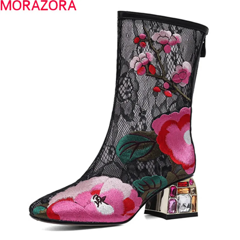 

MORAZORA Spring Autumn Women Boots Square High Heels Genuine Leather Ankle Boots Fashion Flowers Classic Ladies Party Shoes
