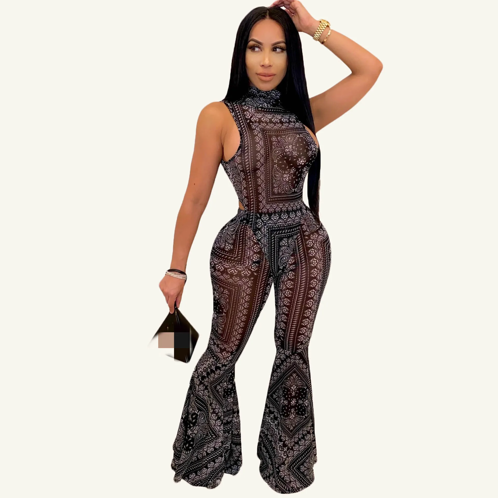 

Fashion Women Floral Printed Two Piece Sets 2020 Summer Stand Collar One Piece Of Bodysuit And Bodycon Bell-Bottomed Pants Sets