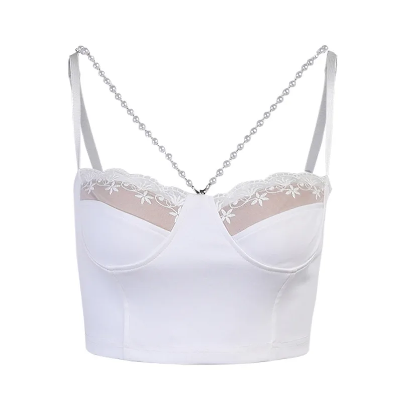 

2021 summer new style European and American style exposed umbilical pearls Slim sexy chest strap vest