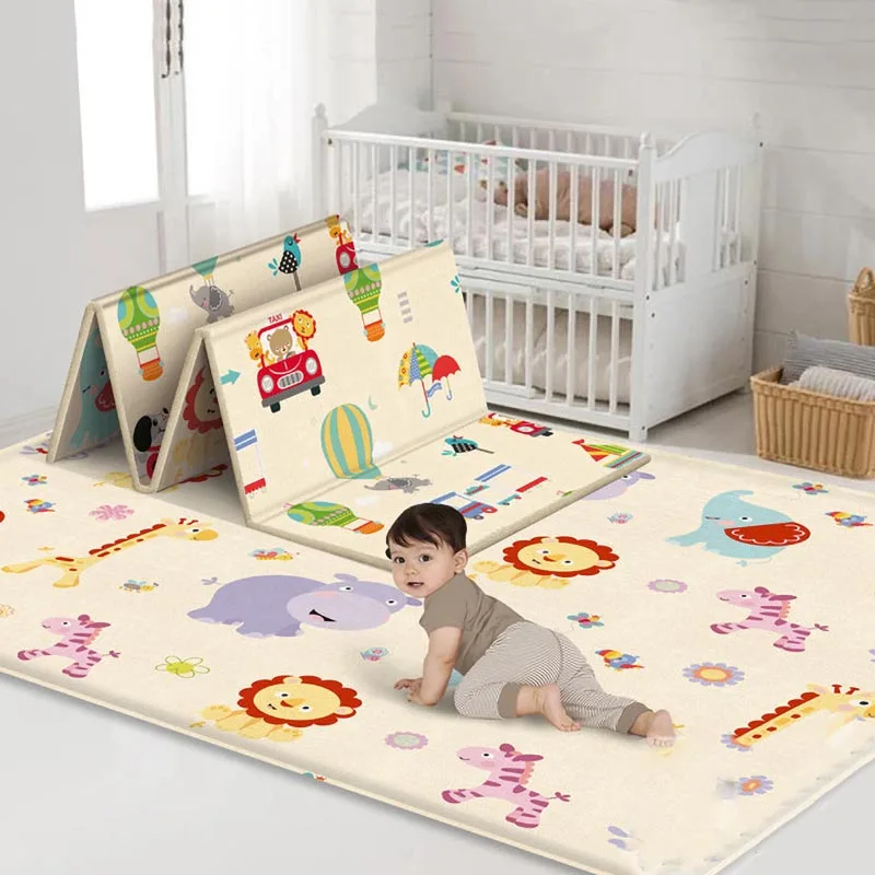 Alfombra plegable de actividades para gatear para beb&eacute;, tapete de doble cara con dibujos animados, impermeable, de espuma suave-0