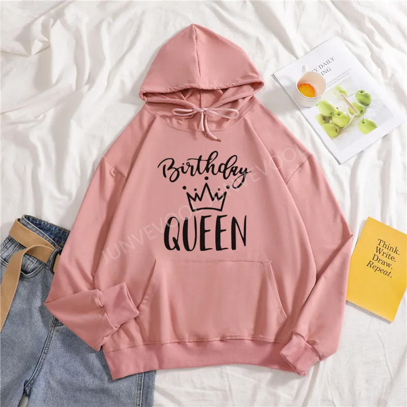 

Birthday Queen Women Hoodies Spring Fall Cotton Long Sleeve Pocket Sweatshirt Birthday Gift For Friends Fashion Harajuku Hoodie