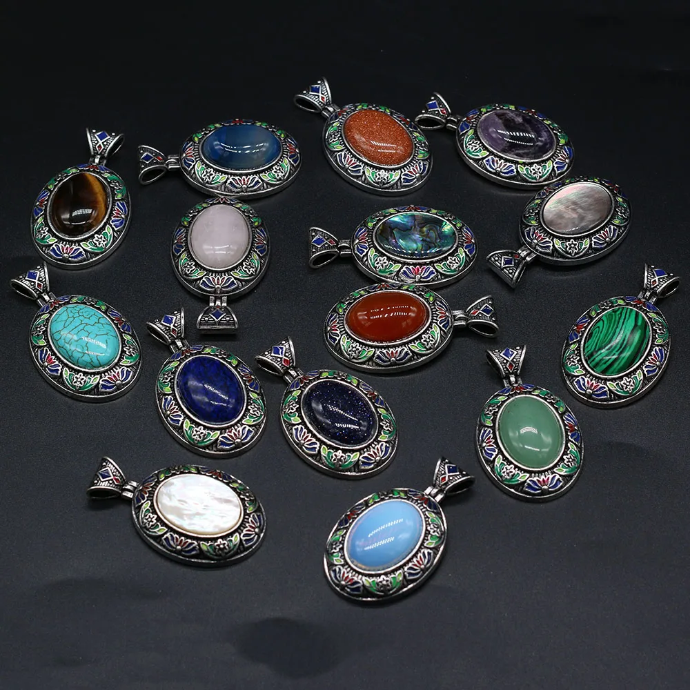 

2021Explosive Natural Stone Agate Rose Quartz Shell Cloisonne Oval Pendant Making DIY Necklace Earrings Jewelry Accessories Gift