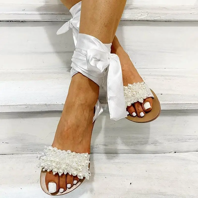 

2021 летние женские босоножки; Модная обувь на плоской подошве и шнуровке; Нескользящие повседневные ремешок; Женская обувь; Большие размеры ...