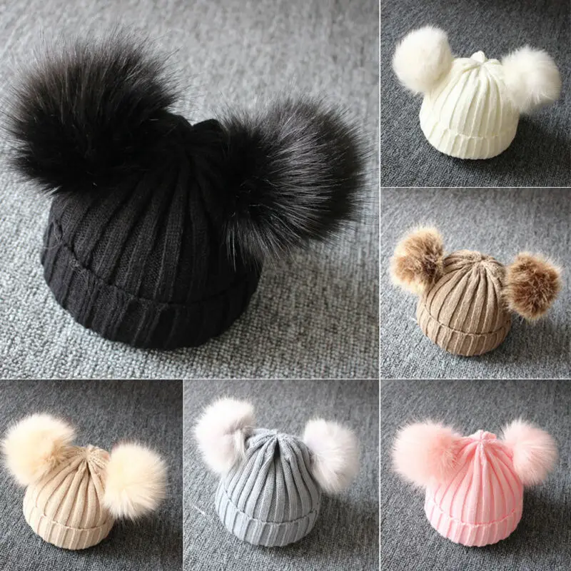Зимняя теплая вязаная Вязаная Шапка-бини для маленьких мальчиков и девочек