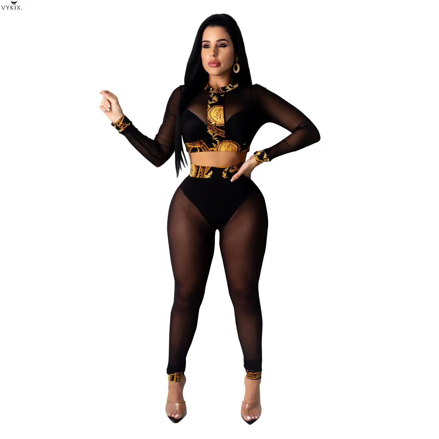 

Женский сетчатый сексуальный комплект Hirigin из вечерние предметов для ночного клуба, спортивные костюмы с принтом, укороченные топы и штаны, ...