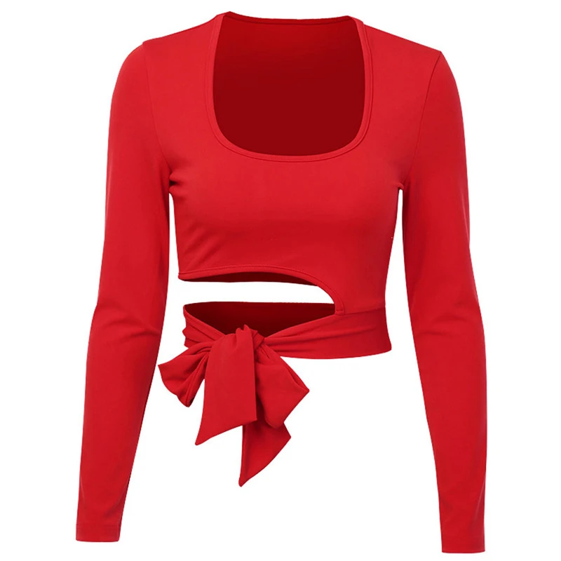 Сексуальные женщины с длинным рукавом Твердые кроп Топ Мода дамы Bodycon