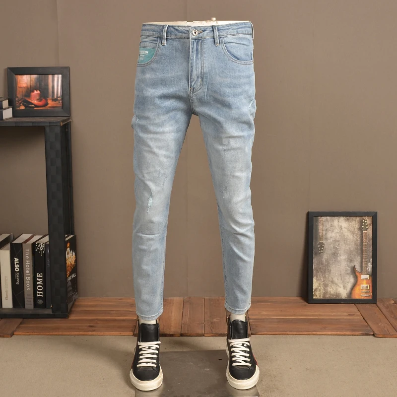 Men's Light Blue Stretch Ripped Jeans Summer New Fashion Regular Fit Pencil Pants