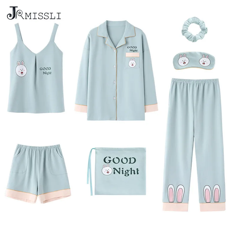 Пижама JRMISSLI Женская 7 предметов хлопковая с принтом домашняя одежда |
