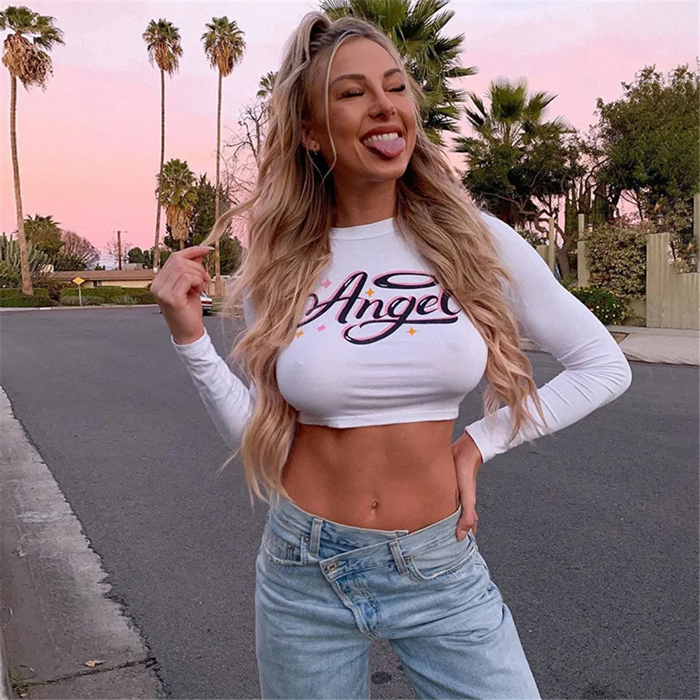 

2020 Women Fashion Letter Print T-shirt Stylish Long Sleeve Round Neck Crop Top for Ladies Casual Female Daily Wear