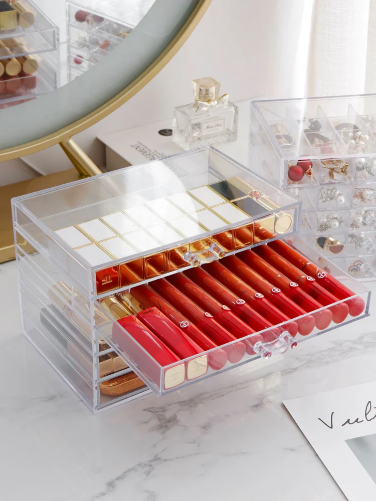

3/5 Layer Acrylic Makeup Organizer Earring Rings Jewelry Storage Box Transparent Desktop Organizer With Drawer And Separate Grid