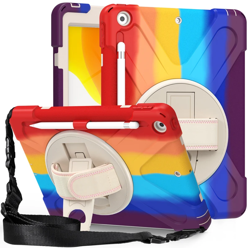 

For iPad 10.2 2020 Colorful Silicon Shockproof Case Shoulder Handheld Cover 360 Degree Rotation PC Stand Back Cover for iPad8