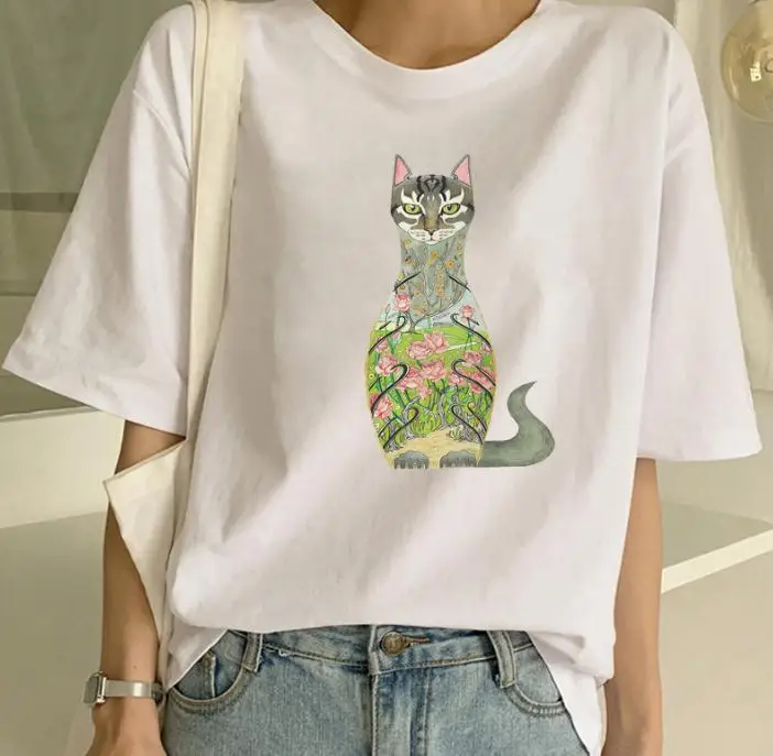 

YEMUSEED New Women T-shirt Cat Printing Tops White O-Neck Tee shirt Casual T-shirt FFV281