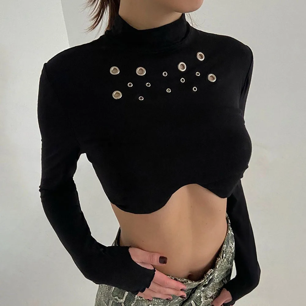 Черная Осенняя новая короткая женская футболка до ключиц модная пикантная